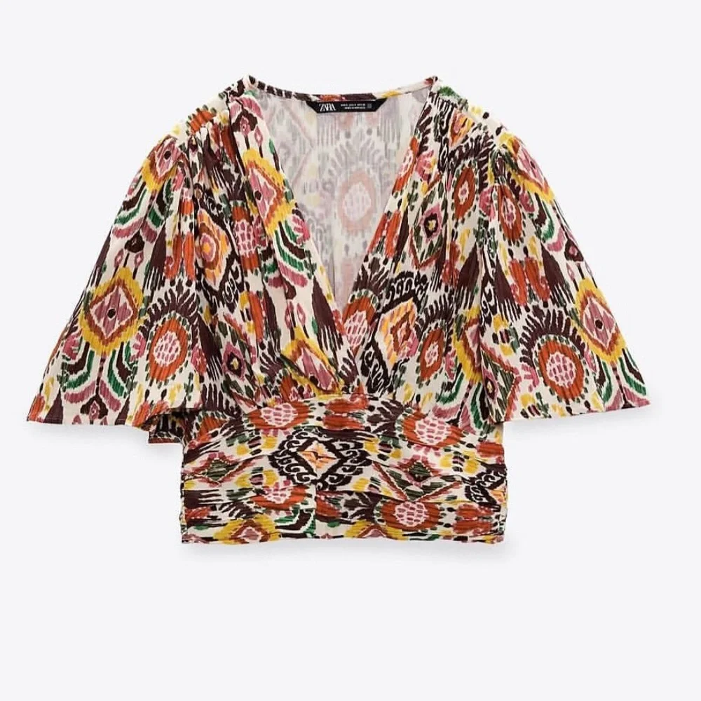 ZARA Ikat Print Puff Sleeve Crop Top - Size M NWT - Picture 2 of 12